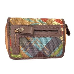 Spartina 449 Zip Around Wallet Linen Leather Floral Plaid Brown Purse Accessory